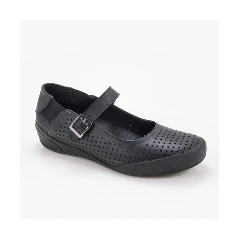 Κωδικός 1701 - Safe Step Γυναικεία ανατομική Δερμάτινη μπαλαρίνα με λουράκι και διάτρητο σχέδιο. 